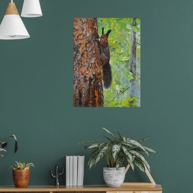 Eichhörnchen auf Kiefer – realistische Ölgemälde Poster (Wohnzimmer 1)
