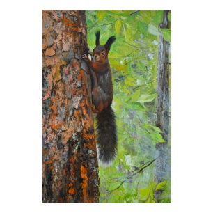 Eichhörnchen auf Kiefer – realistische Ölgemälde Poster