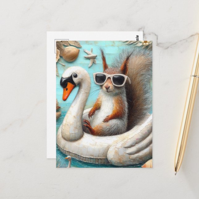 Eichhörnchen auf Schwan Funny Niedlich Postkarte (Vorderseite/Rückseite Beispiel)