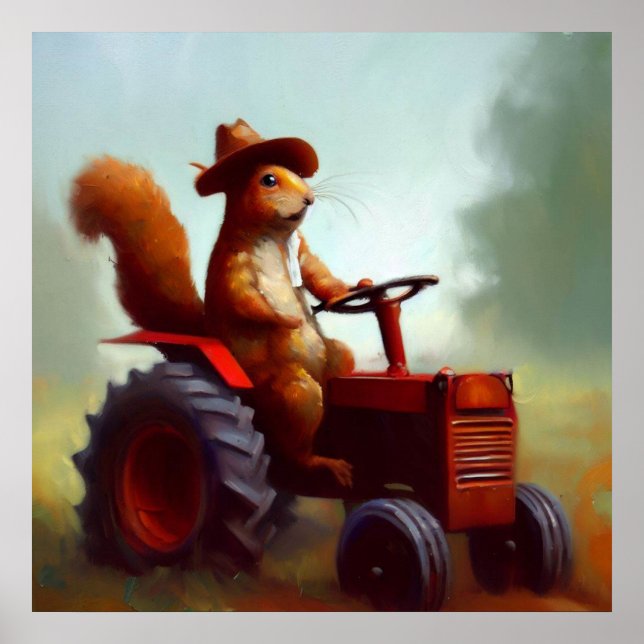 Eichhörnchen-Bauer auf einem Traktor Poster (Vorne)