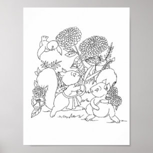 Eichhörnchen Blume Waldtiere Farbseite Poster