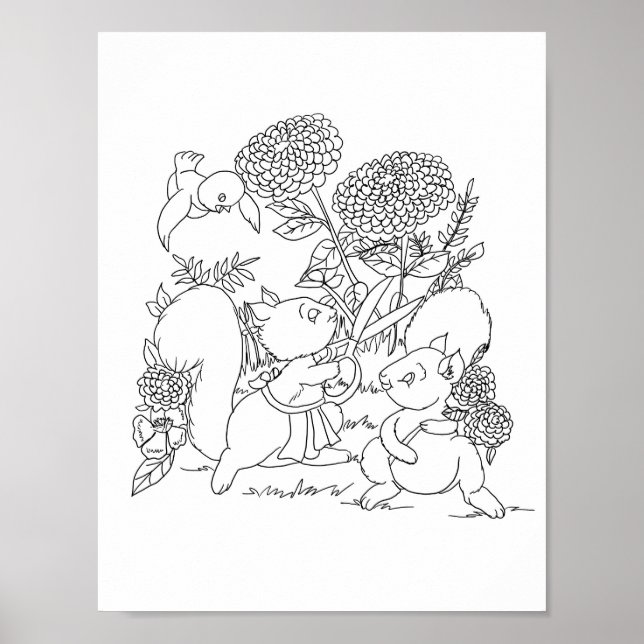 Eichhörnchen Blume Waldtiere Farbseite Poster (Vorne)