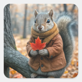 Eichhörnchen im Herbst mit einem roten Ahornleaf Quadratischer Aufkleber