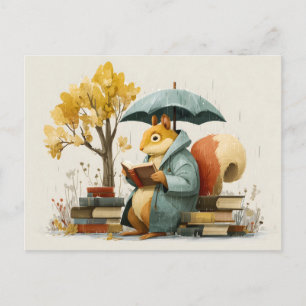 Eichhörnchen liest Bücher unter einem Regenschirm Postkarte