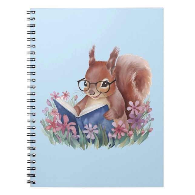 Eichhörnchen liest ein Buch, gebettet in Blumen Notizblock (Vorderseite)
