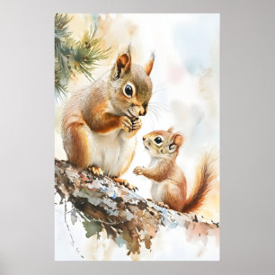 Eichhörnchen Mama und Baby Aquarell-Druck, Wald Poster