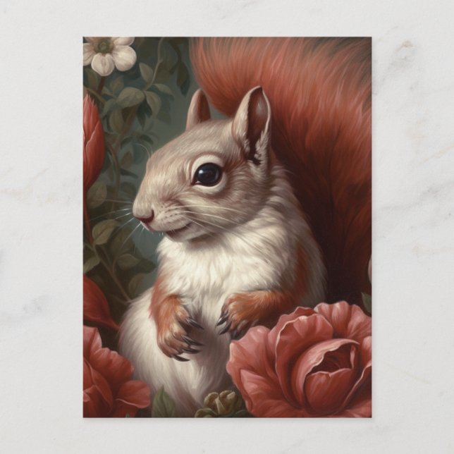 Eichhörnchen mit Blumen Postkarte (Vorderseite)