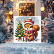 Eichhörnchen mit Christbaum und Geschenk