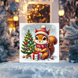 Eichhörnchen mit Christbaum und Geschenk Feiertagskarte