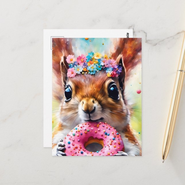 Eichhörnchen mit Donut Postkarte (Vorderseite/Rückseite Beispiel)