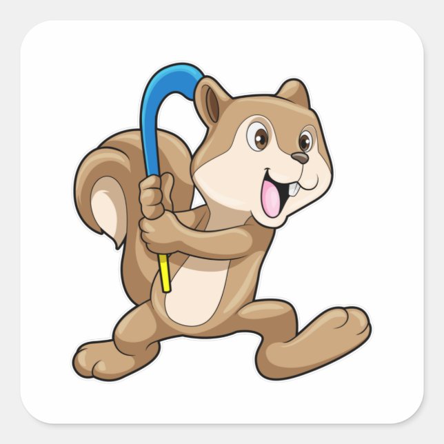 Eichhörnchen mit Hockey und Hockeystick Quadratischer Aufkleber (Vorderseite)
