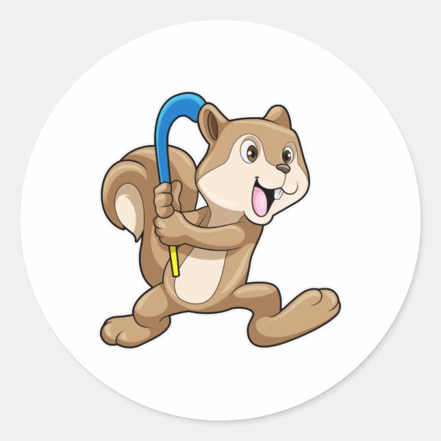 Eichhörnchen mit Hockey und Hockeystick Runder Aufkleber (Vorderseite)