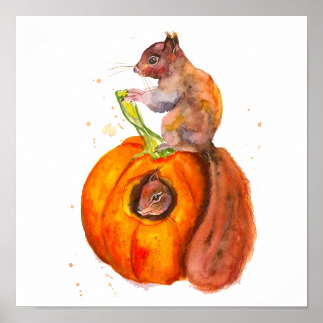 Eichhörnchen mit Kürbiskuchen Herbst Poster (Vorne)