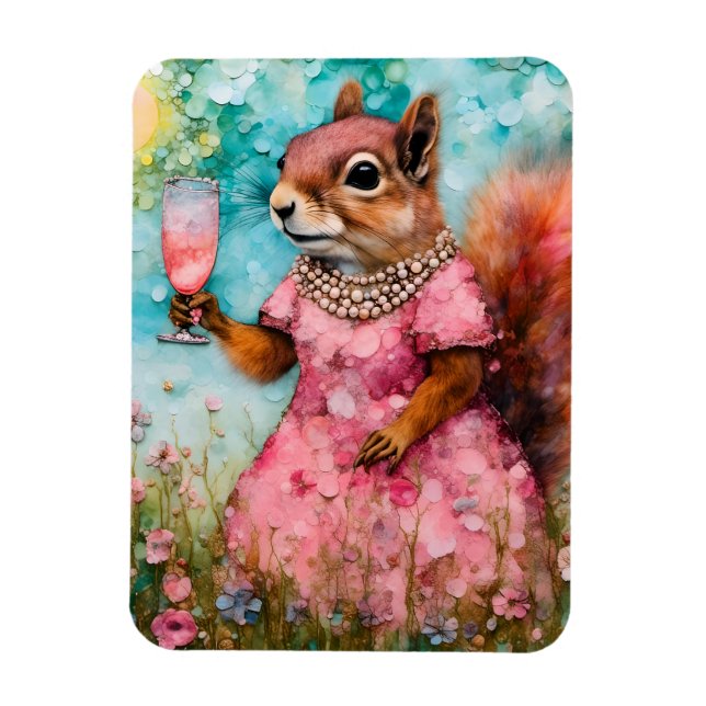 Eichhörnchen mit rosa Kleid und Drink Magnet (Vertikal)