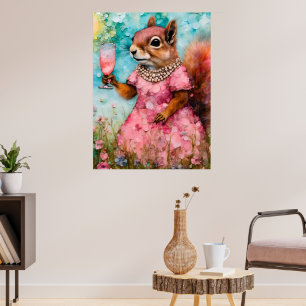 Eichhörnchen mit rosa Kleid und Drink Poster