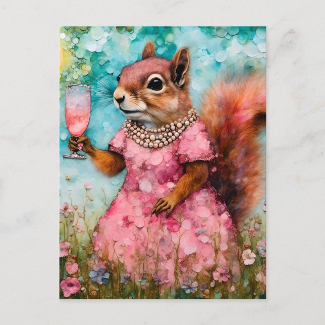 Eichhörnchen mit rosa Kleid und Drink Postkarte (Vorderseite)