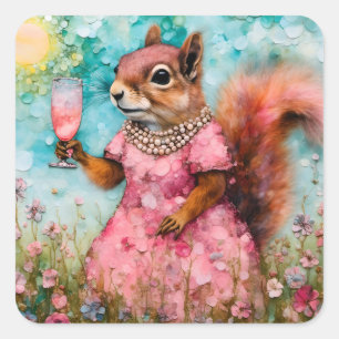 Eichhörnchen mit rosa Kleid und Drink Quadratischer Aufkleber