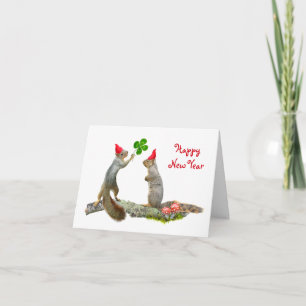 Eichhörnchen mit roten Mützen Neujahrskarte Karte