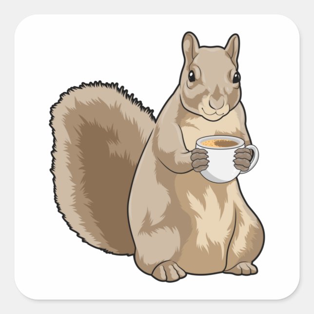 Eichhörnchen mit Tasse Kaffee Quadratischer Aufkleber (Vorderseite)