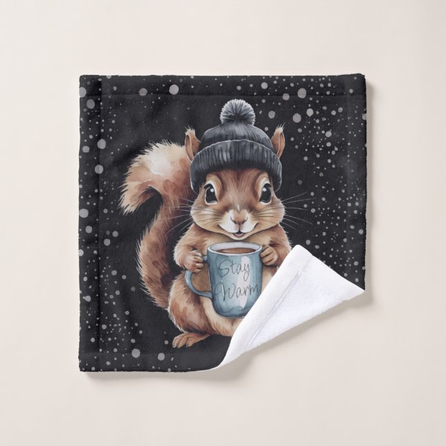 Eichhörnchen mit Tasse und Schnee „Stay Warm“ Waschlappen (Waschlappen)