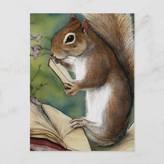 Eichhörnchen mit Wasserfarbe Lesen eines Buches Postkarte (Vorderseite)