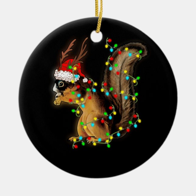 Eichhörnchen mit Weihnachtsmannmütze Keramik Ornament (Vorne)