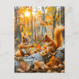 Eichhörnchen sammeln Eicheln auf dem Waldboden Postkarte