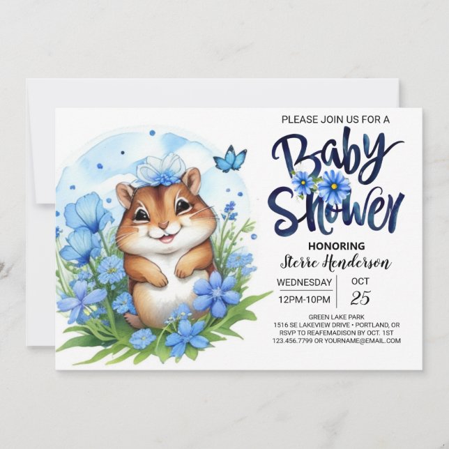 Eichhörnchen Sweetness Floral Blue Boy Baby Dusche Einladung (Vorderseite)