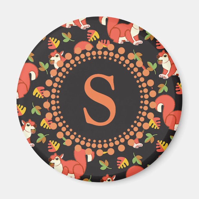 Eichhörnchen und Autumn Leaf Muster Monogram Magnet (Vorne)
