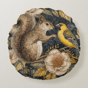 Eichhörnchen und gelber Kanarienvogel mit Blumenmu Rundes Kissen