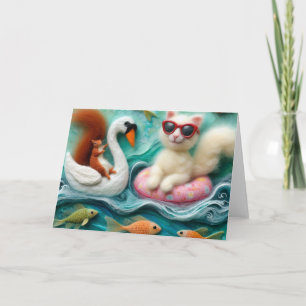 Eichhörnchen und Katze spielen auf schwimmenden Sc Karte