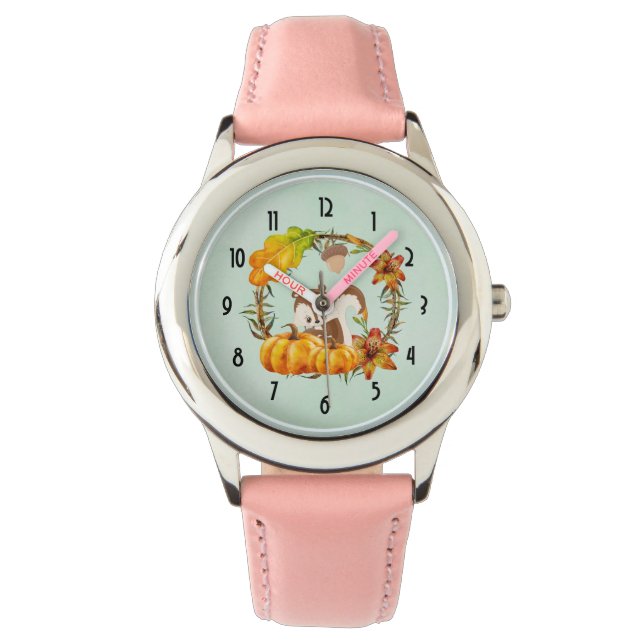 Eichhörnchen und Pumpkins Rustikaler Kranz Armbanduhr (Vorderseite)