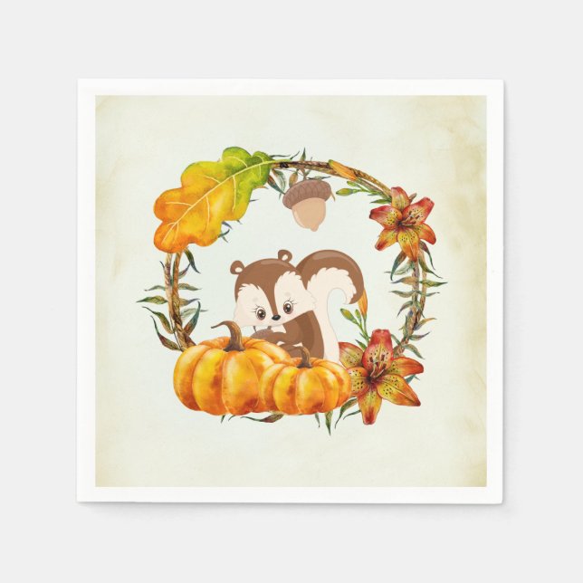 Eichhörnchen und Pumpkins Rustikaler Kranz Serviette (Vorderseite)