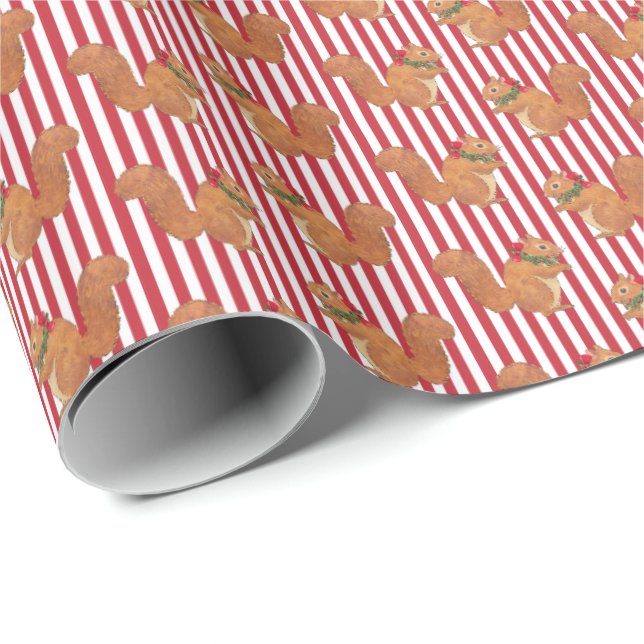 Eichhörnchen und Stechpalmenstreifen Urlaub  Geschenkpapier (Rolleneckpunkt)