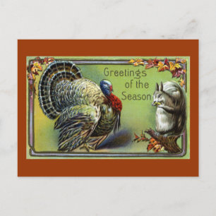 Eichhörnchen und Truthahn vintage Thanksgiving Feiertagspostkarte