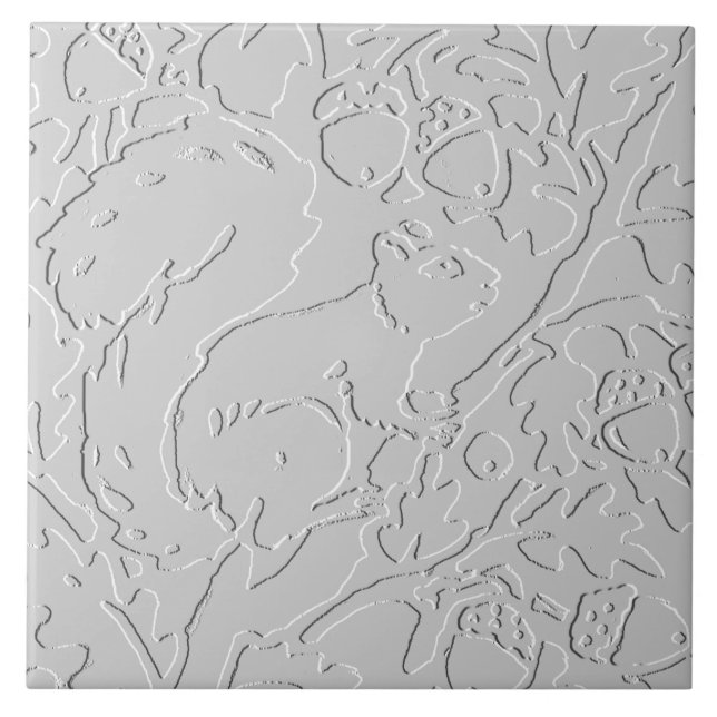 Eichhörnchen Weiß Schwarz Embossed Woodland Acorn Fliese (Vorderseite)