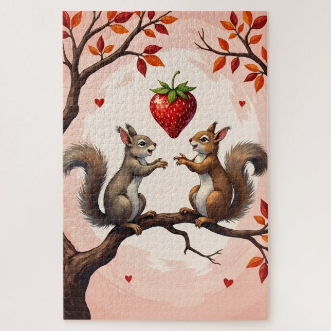 Eichhörnchen werfen riesige Valentinstag-Erdbeere Puzzle (Vertikal)
