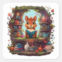 Eichhörnchenlesung auf einer Vintagen virtuellen B Quadratischer Aufkleber