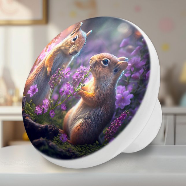 Eichhörnchenrede - Kinderfantasie Keramikknauf (Ceramic Knob - Squirrels with Purple Flowers - Decor Accent for Kids Room)