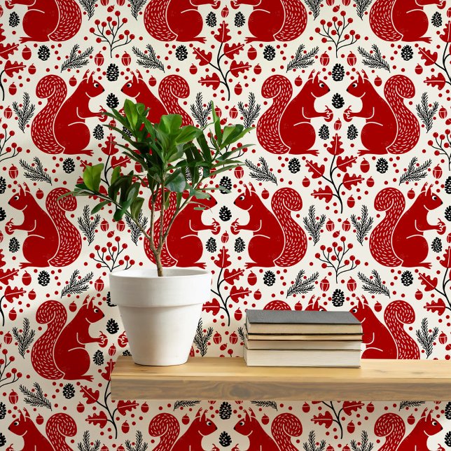 Eichhörnchenwald Waldmuster Tapete (Modern squirrel woodland forest pattern peel and stick wallpaper)