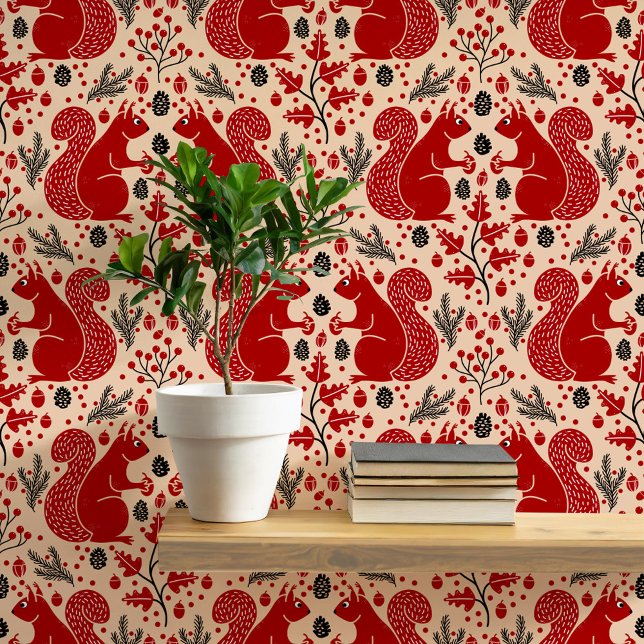 Eichhörnchenwald Waldmuster Tapete (Modern squirrel woodland forest pattern peel and stick wallpaper)