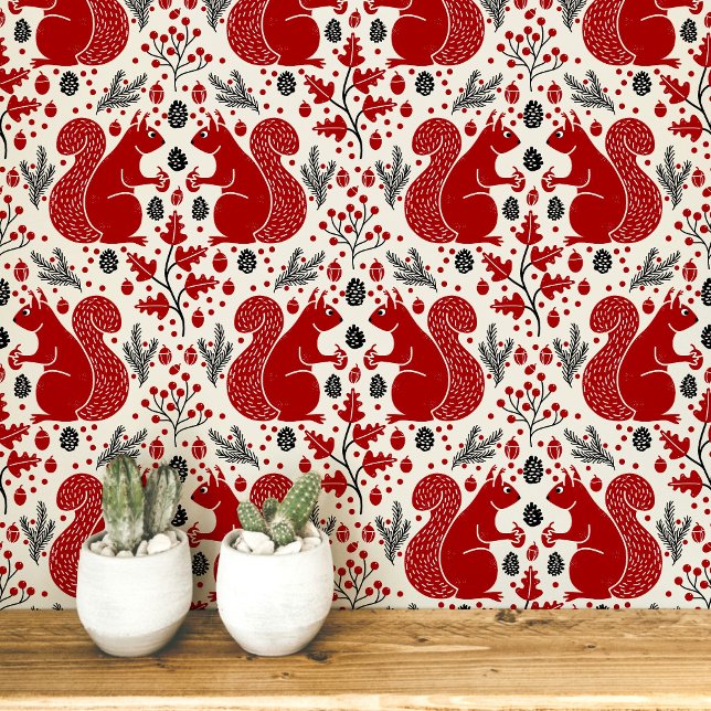 Eichhörnchenwald Waldmuster Tapete (Modern squirrel woodland forest pattern peel and stick wallpaper)