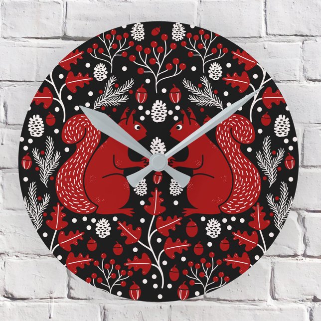 Eichhörnchenwald Woodland Dark Runde Wanduhr (Squirrel in the Forest pattern woodland wall clock)