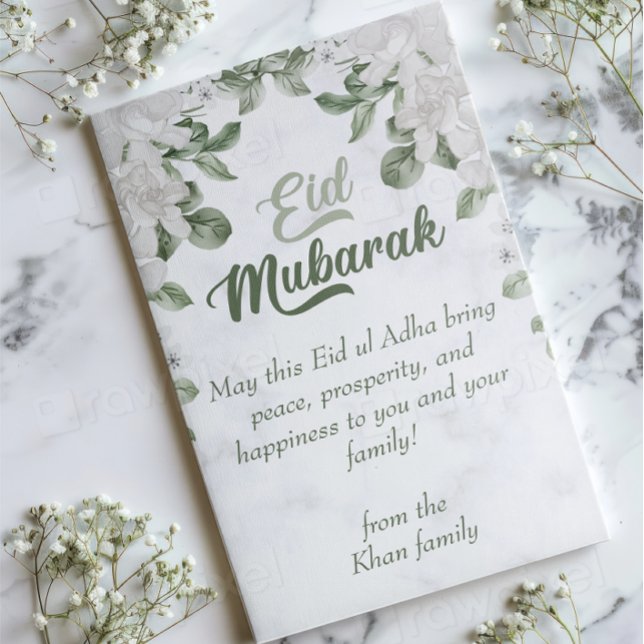 Eid Adha Mubarak Gray und Green Floral Islamic Feiertagskarte (Von Creator hochgeladen)
