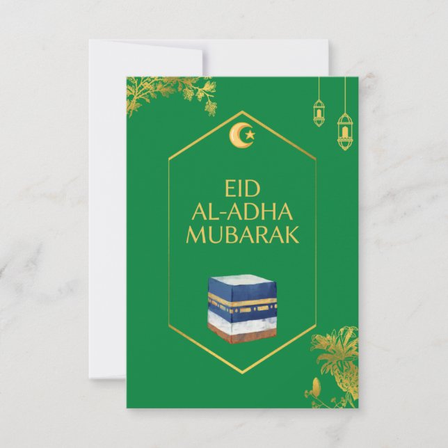 Eid Al-Adha Mubarak Card in Green und Ka'bah Image Dankeskarte (Vorderseite)