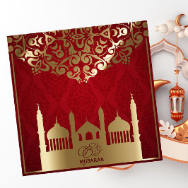 Eid al Fitr Mubarak Mosque Gold Muster Rot Feiertagskarte