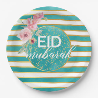 Eid Mubarak Aquamarin Gold Floral Plate Pappteller