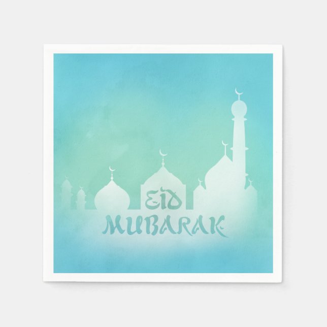 Eid Mubarak Blue Watercolor Moschee - Paper Napkin Serviette (Vorderseite)