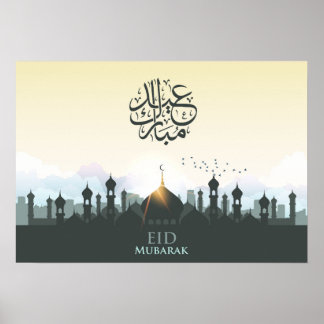 Eid Mubarak Buchstaben mit Moschee und Vögeln Poster