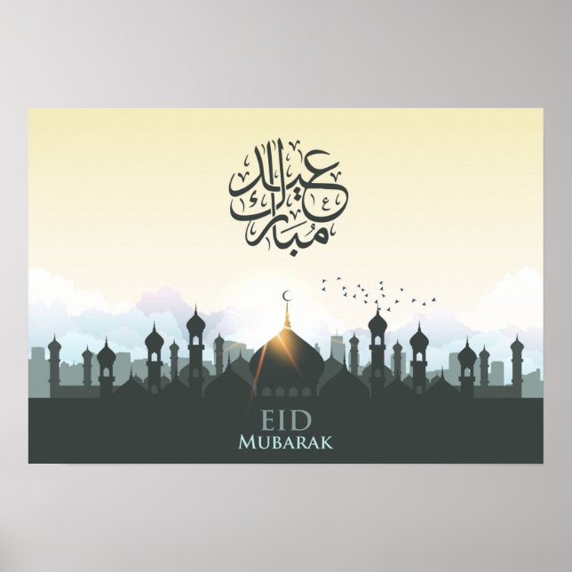 Eid Mubarak Buchstaben mit Moschee und Vögeln Poster (Vorne)